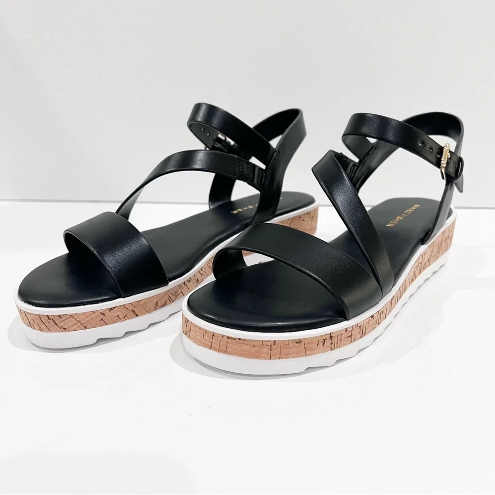 Marc Fisher Grandie Cork Platform Strappy Wedge Sandals Buckle Black 7.5 NEW - Picture 5 of 16